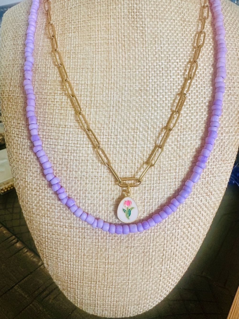 Gold Chain and Lavender Beaded Necklace with Floral Pendant